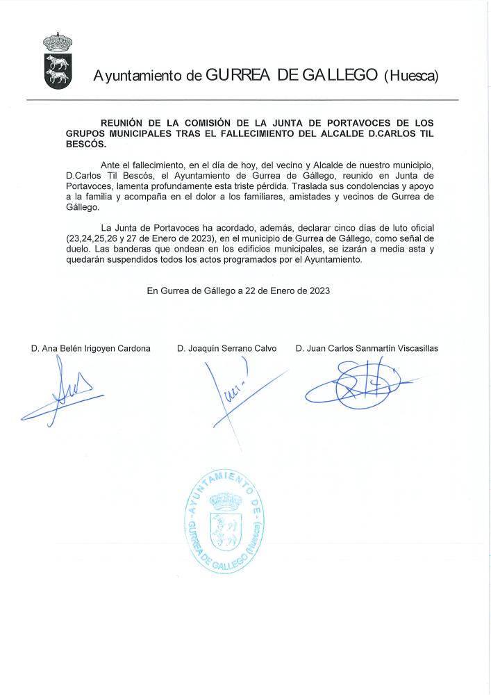Imagen El Ayuntamiento de Gurrea de Gállego declara cinco días de luto oficial por la triste pérdida de D. Carlos Til Bescós